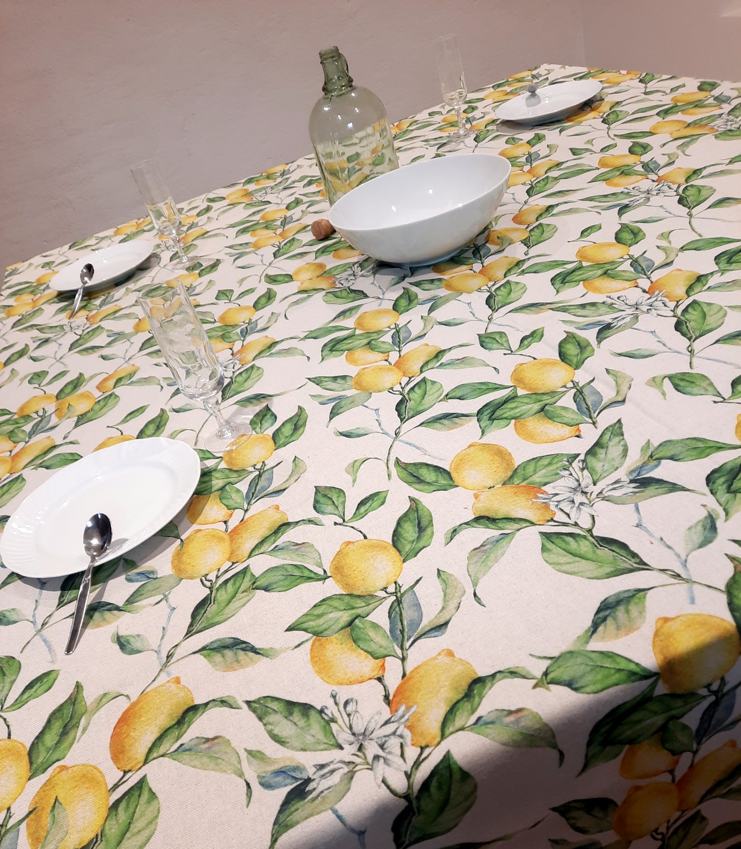 Nappe Rectangulaire 230x140 cm en Lin Coton – Motifs Citrons – Linge de Table Chic