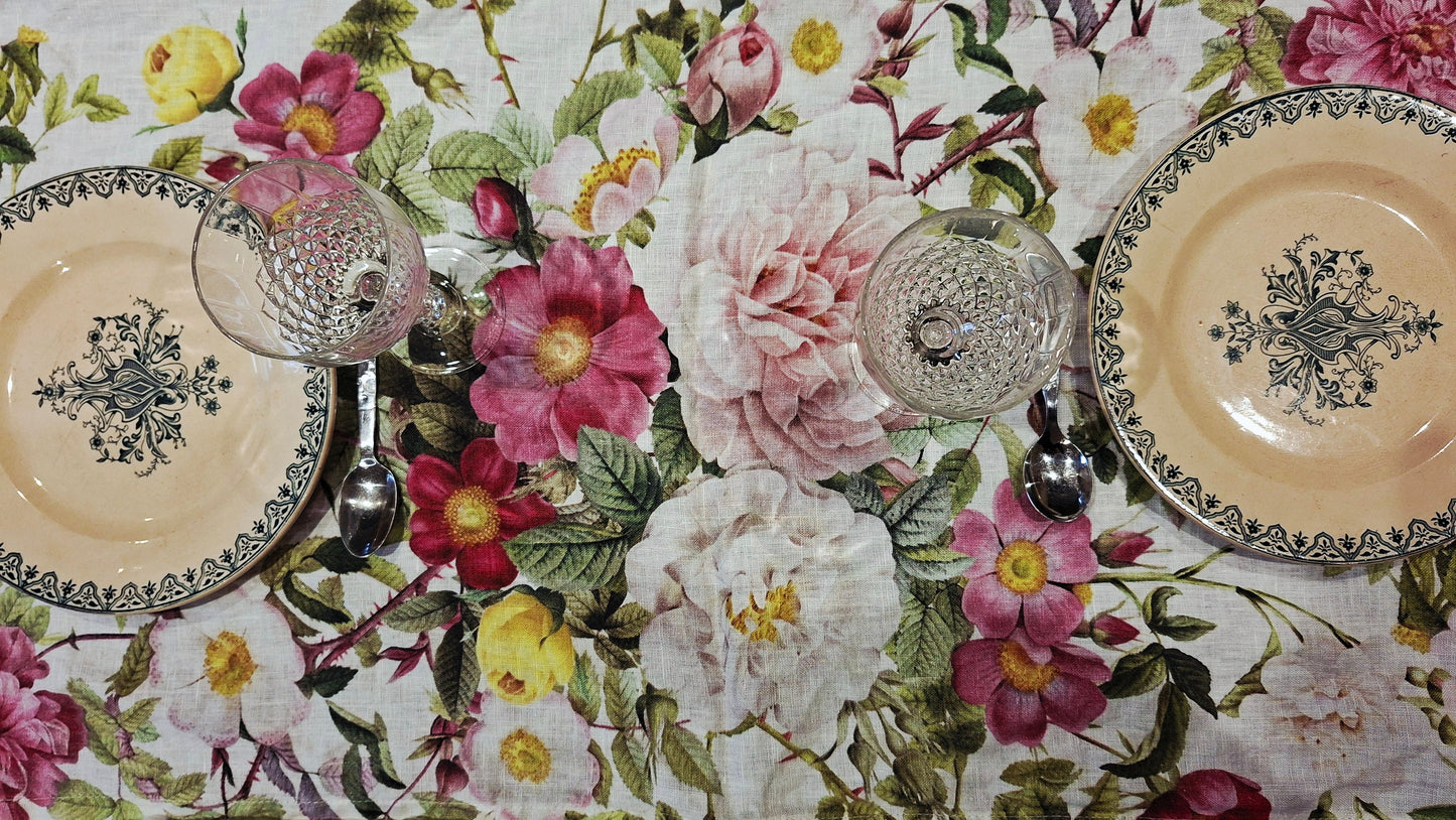 Chemin de table en lin Fleuri- Jardin rose