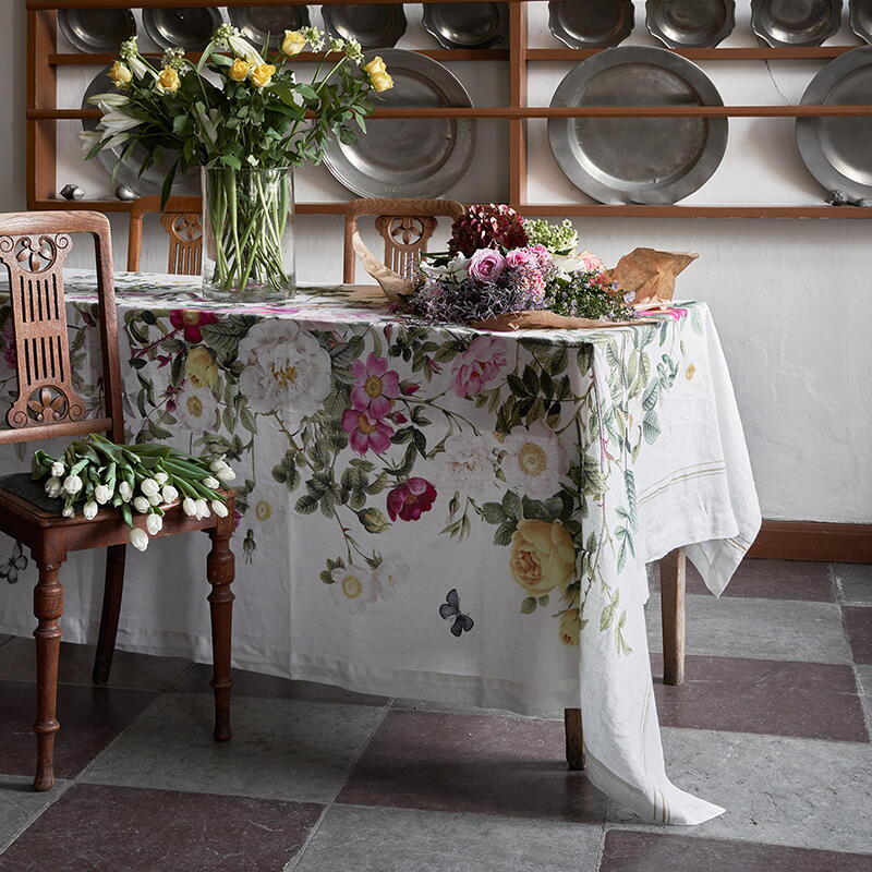 Nappe En Lin Pur Brodée Main - 12 Pièces - Blanche Avec Motifs Fleurs Punto Plein