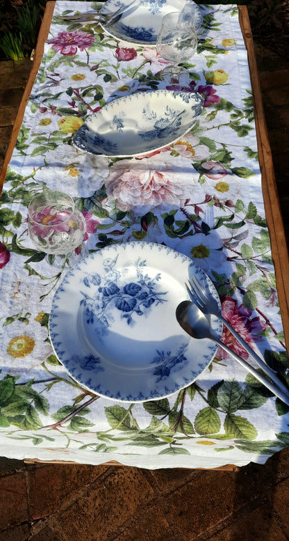 Chemin de table en lin - Jardin rose