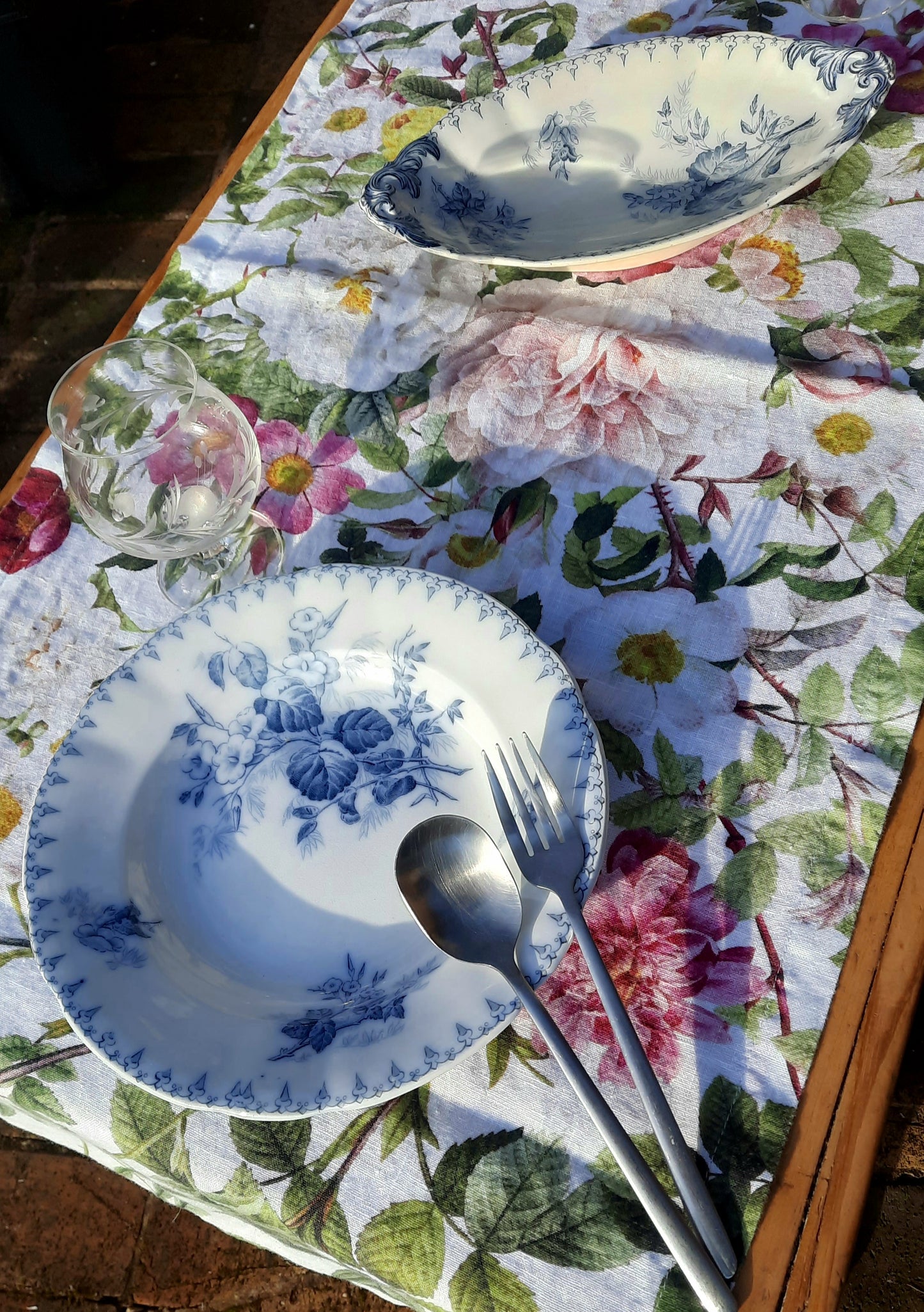 Chemin de table en lin - Jardin rose