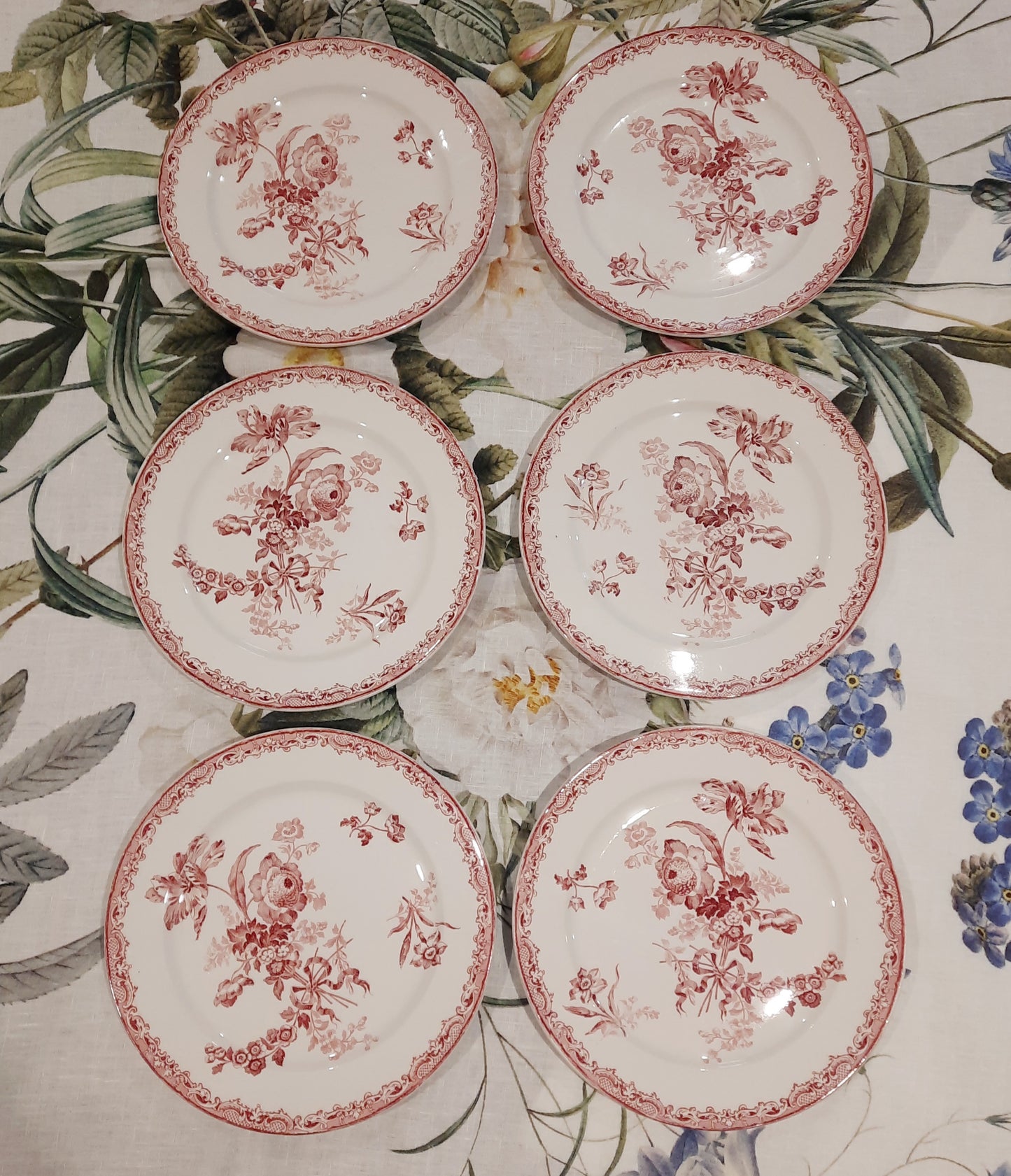 Conjunto de 6 Pratos Rasos – Sarreguemines Fontanges – Decoração Vermelha