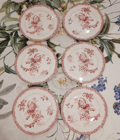 Conjunto de 6 Pratos Rasos – Sarreguemines Fontanges – Decoração Vermelha