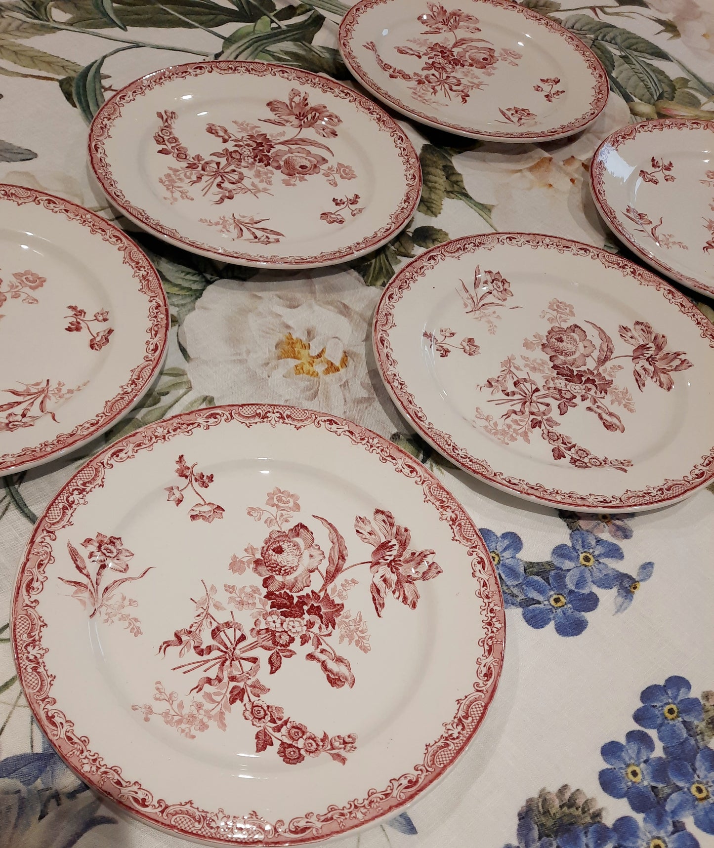 Conjunto de 6 Pratos Rasos – Sarreguemines Fontanges – Decoração Vermelha