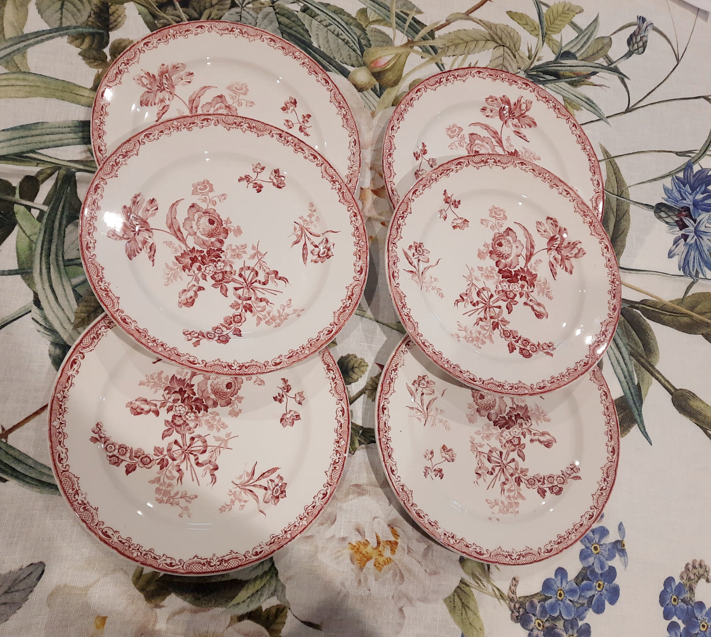 Conjunto de 6 Pratos Rasos – Sarreguemines Fontanges – Decoração Vermelha