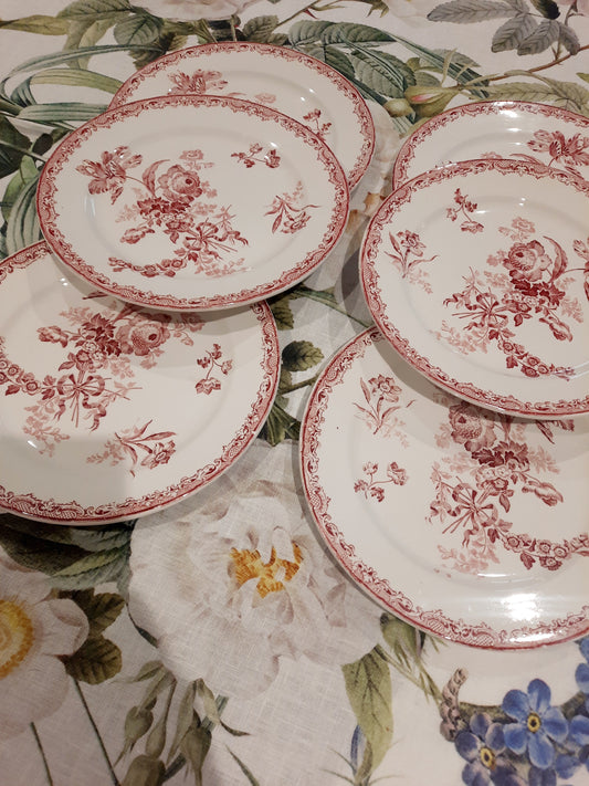 Conjunto de 6 Pratos Rasos – Sarreguemines Fontanges – Decoração Vermelha
