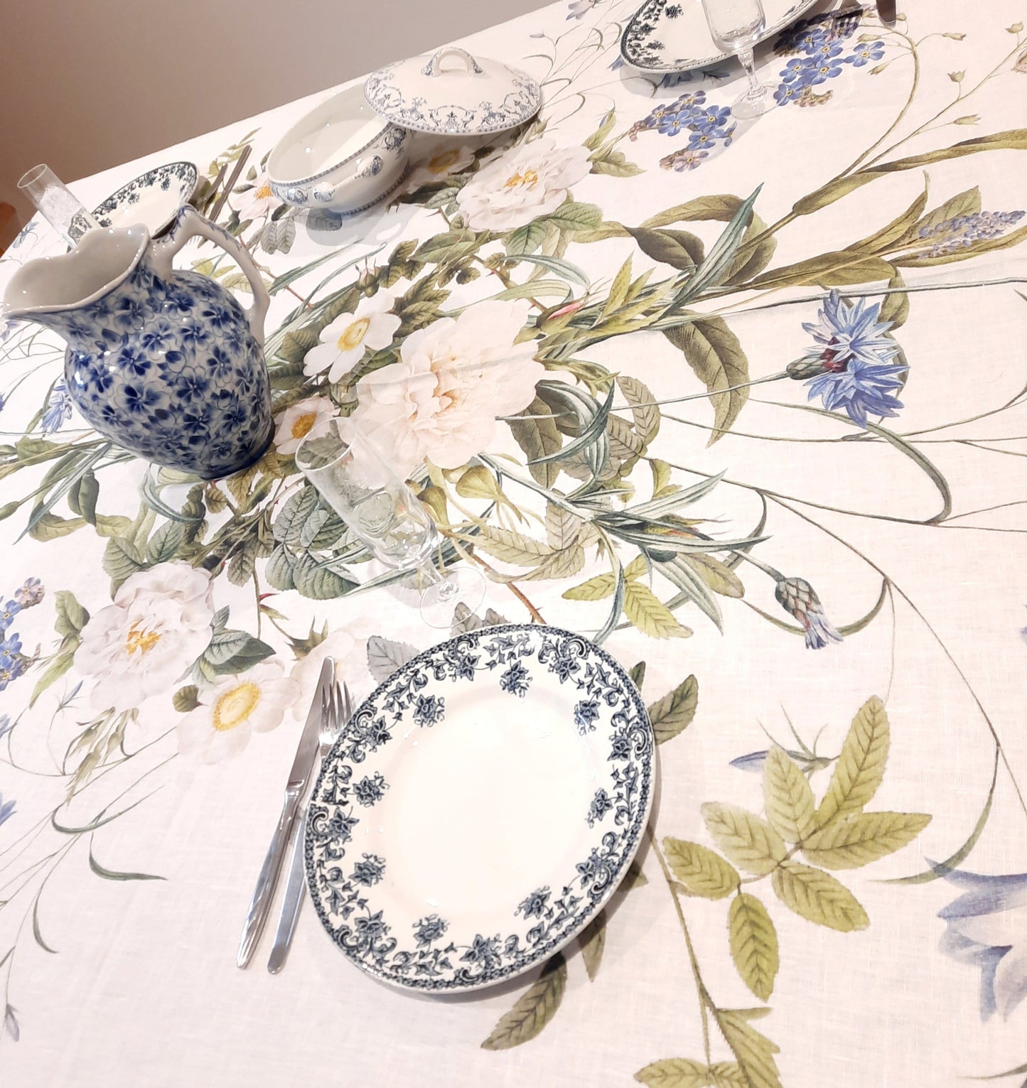 Nappe en  Lin –  Jardin bleu