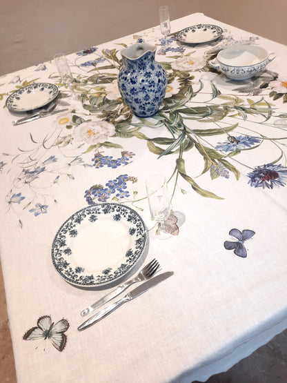 Nappe en  Lin –  Jardin bleu