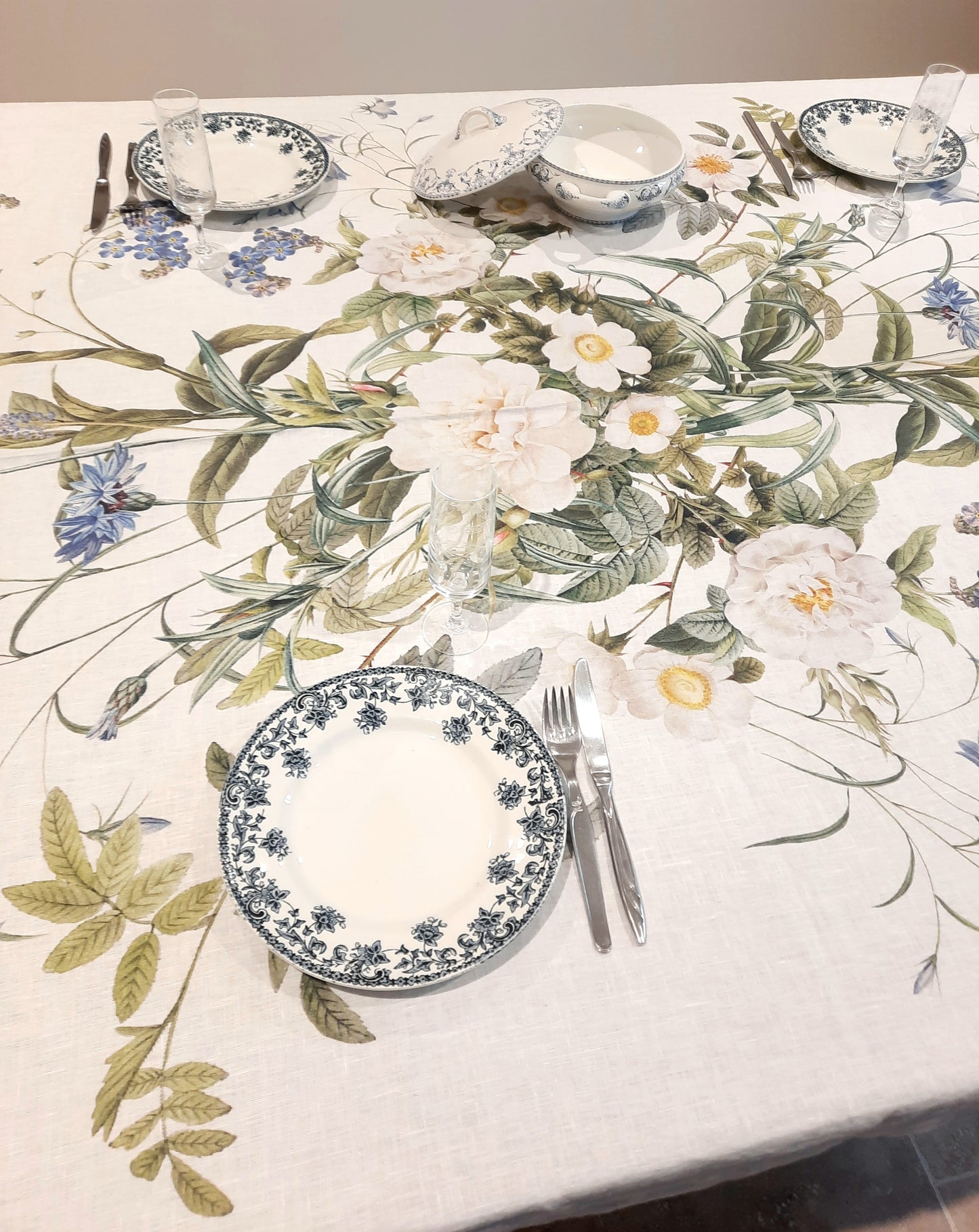 Nappe en  Lin –  Jardin bleu