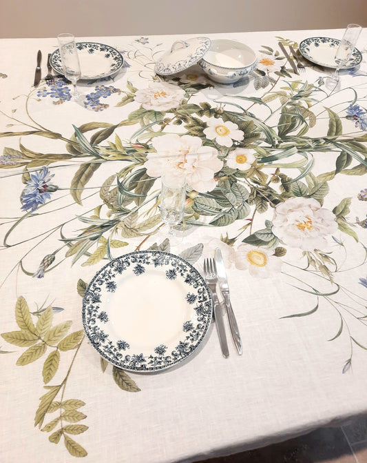 Nappe en  Lin –  Jardin bleu