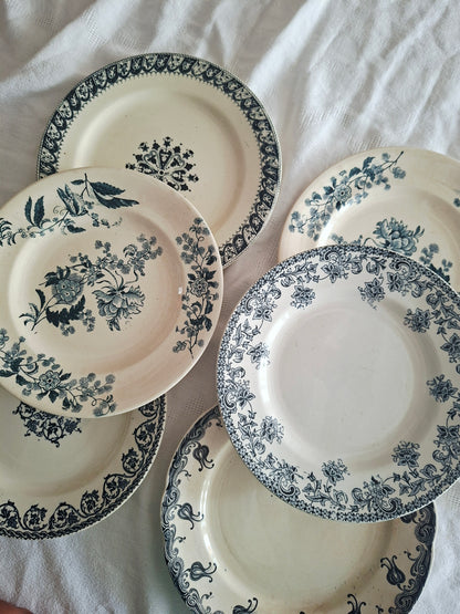 Lot de 6 assiettes plates anciennes en Terre de Fer – Dégradé de bleus nuit – Mix & Match