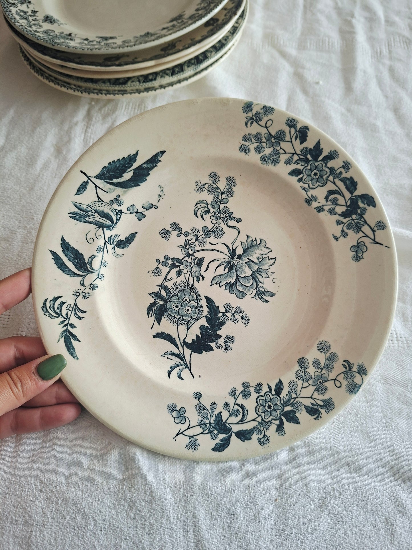 Lot de 6 assiettes plates anciennes en Terre de Fer – Dégradé de bleus nuit – Mix & Match