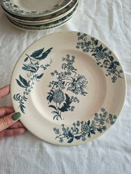 Lot de 6 assiettes plates anciennes en Terre de Fer – Dégradé de bleus nuit – Mix & Match