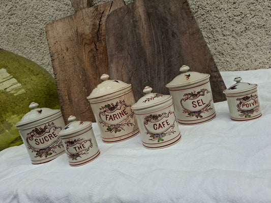 Ancien service de pots à épices – farine, sucre, sel, poivre, café & thé – charme vintage