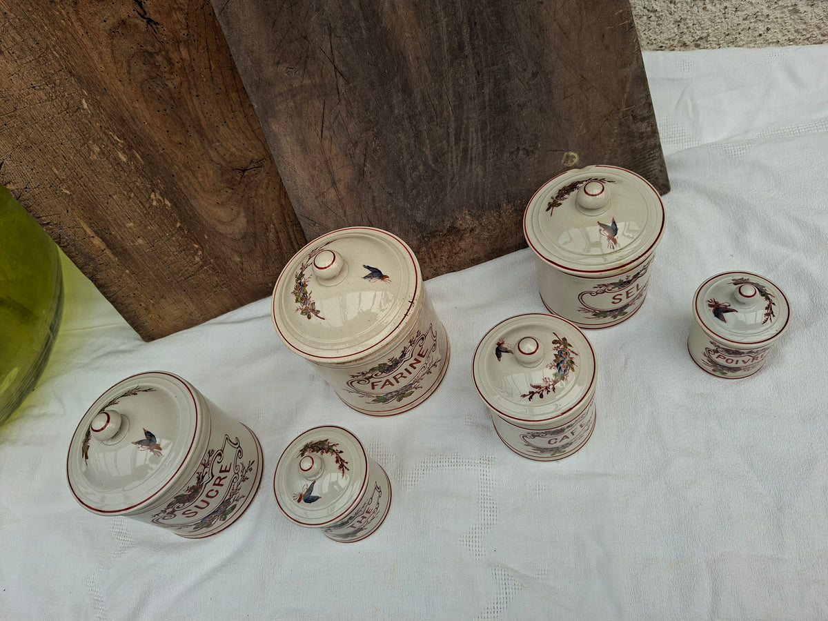 Ancien service de pots à épices – farine, sucre, sel, poivre, café & thé – charme vintage