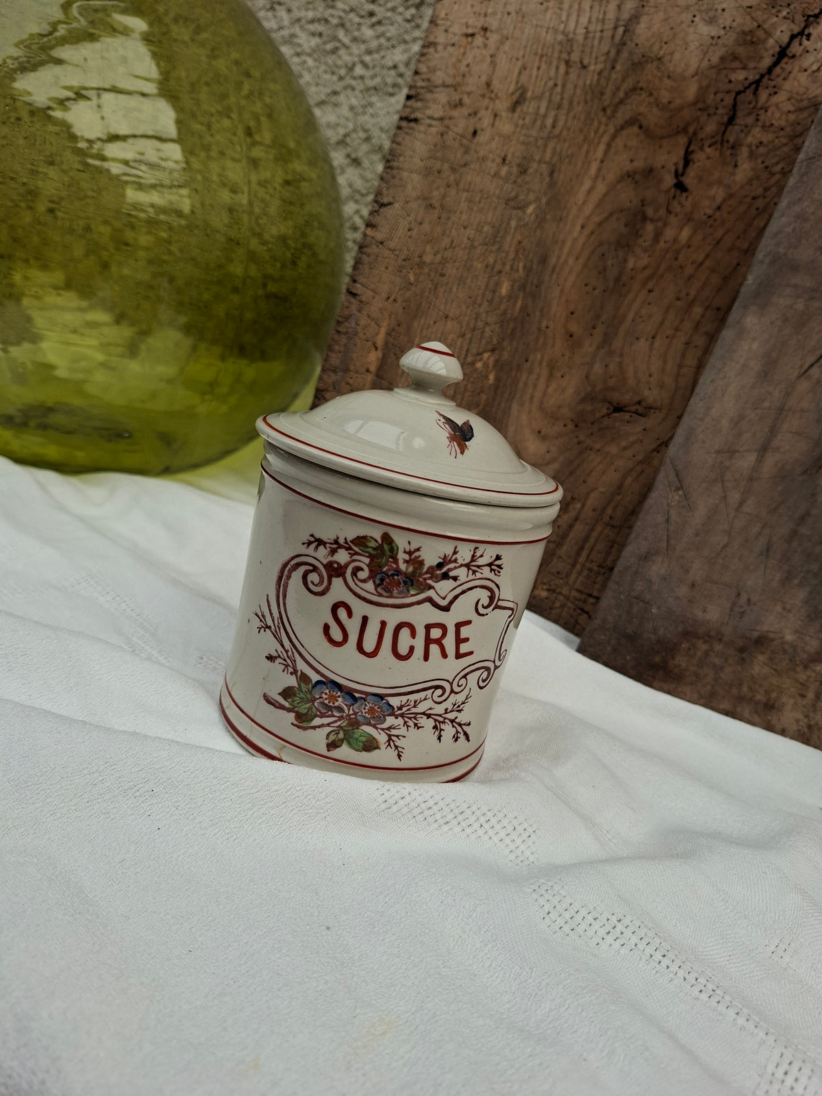 Ancien service de pots à épices – farine, sucre, sel, poivre, café & thé – charme vintage