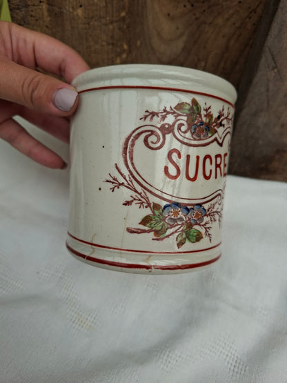 Ancien service de pots à épices – farine, sucre, sel, poivre, café & thé – charme vintage
