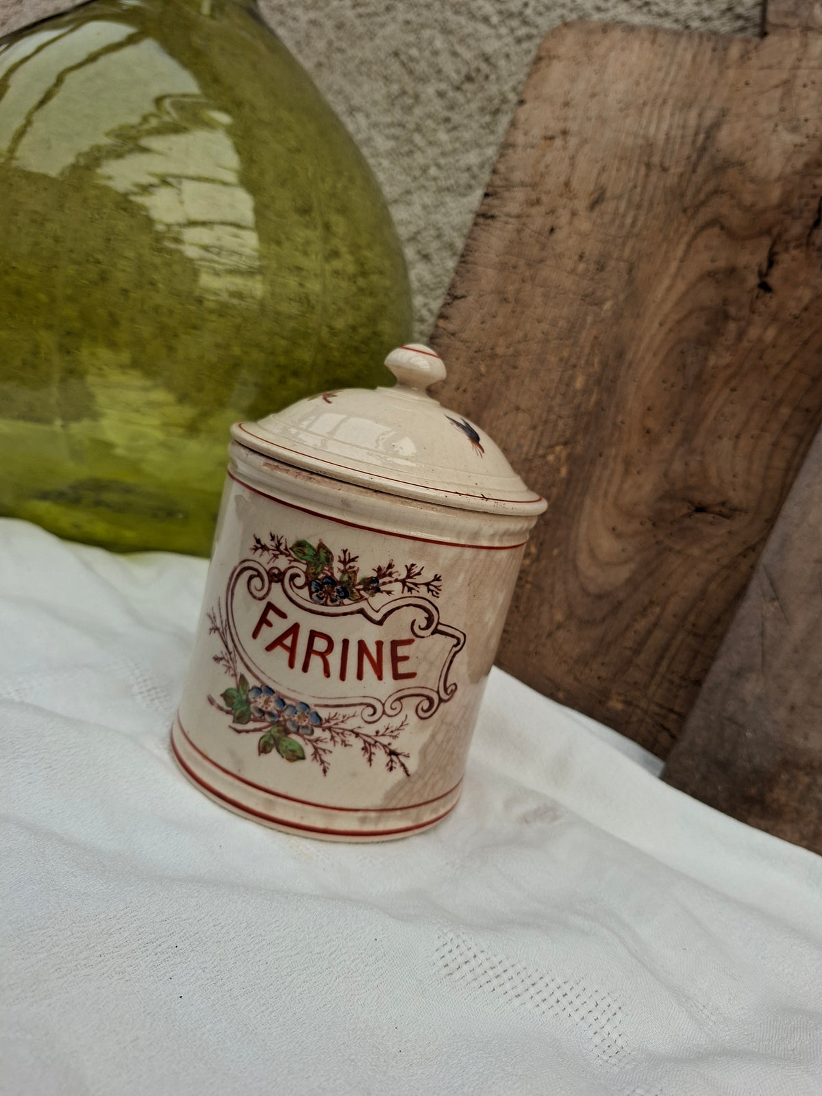 Ancien service de pots à épices – farine, sucre, sel, poivre, café & thé – charme vintage