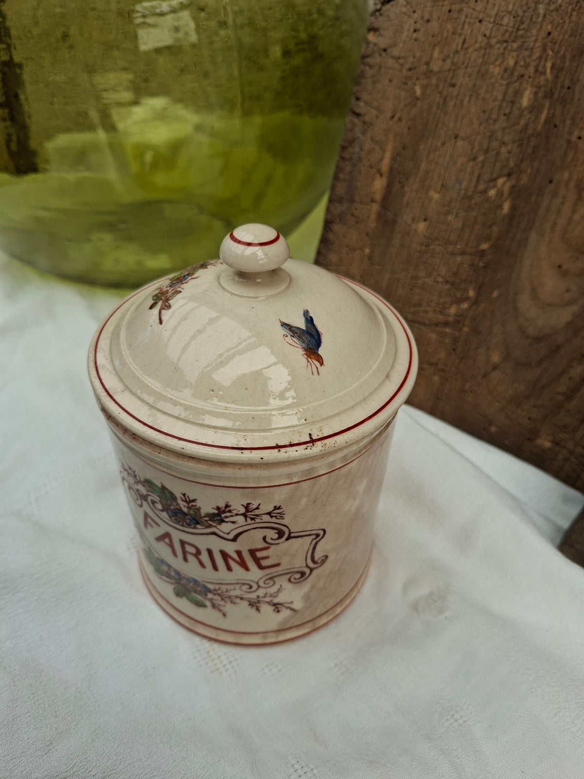 Ancien service de pots à épices – farine, sucre, sel, poivre, café & thé – charme vintage