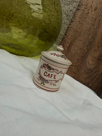 Ancien service de pots à épices – farine, sucre, sel, poivre, café & thé – charme vintage