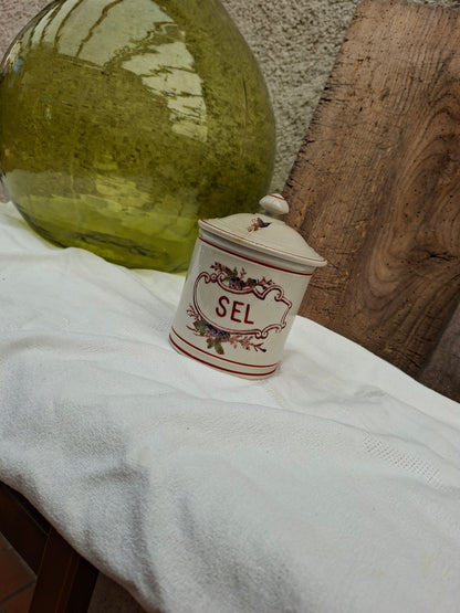 Ancien service de pots à épices – farine, sucre, sel, poivre, café & thé – charme vintage