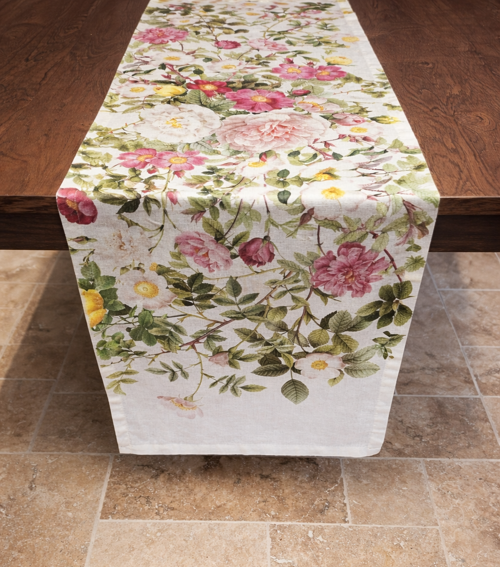 Chemin de Table  fleurs en Lin Blanc 145x45 cm