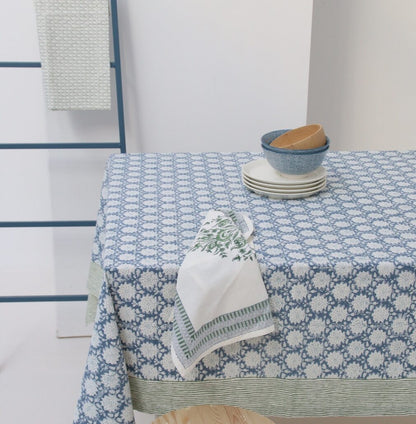 Nappe rectangulaire en coton imprimé à fleurs bleu et vert