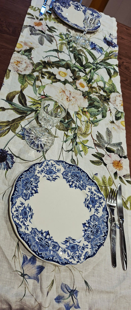 Chemin de Table Blanc et Violet en Lin 145x45 cm