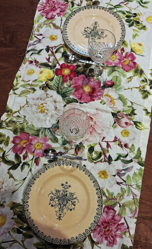 Chemin de table en lin Fleuri- Jardin rose